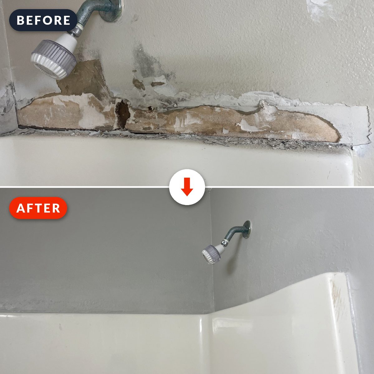 Before and after: damaged bathroom wall above the tub repaired and repainted