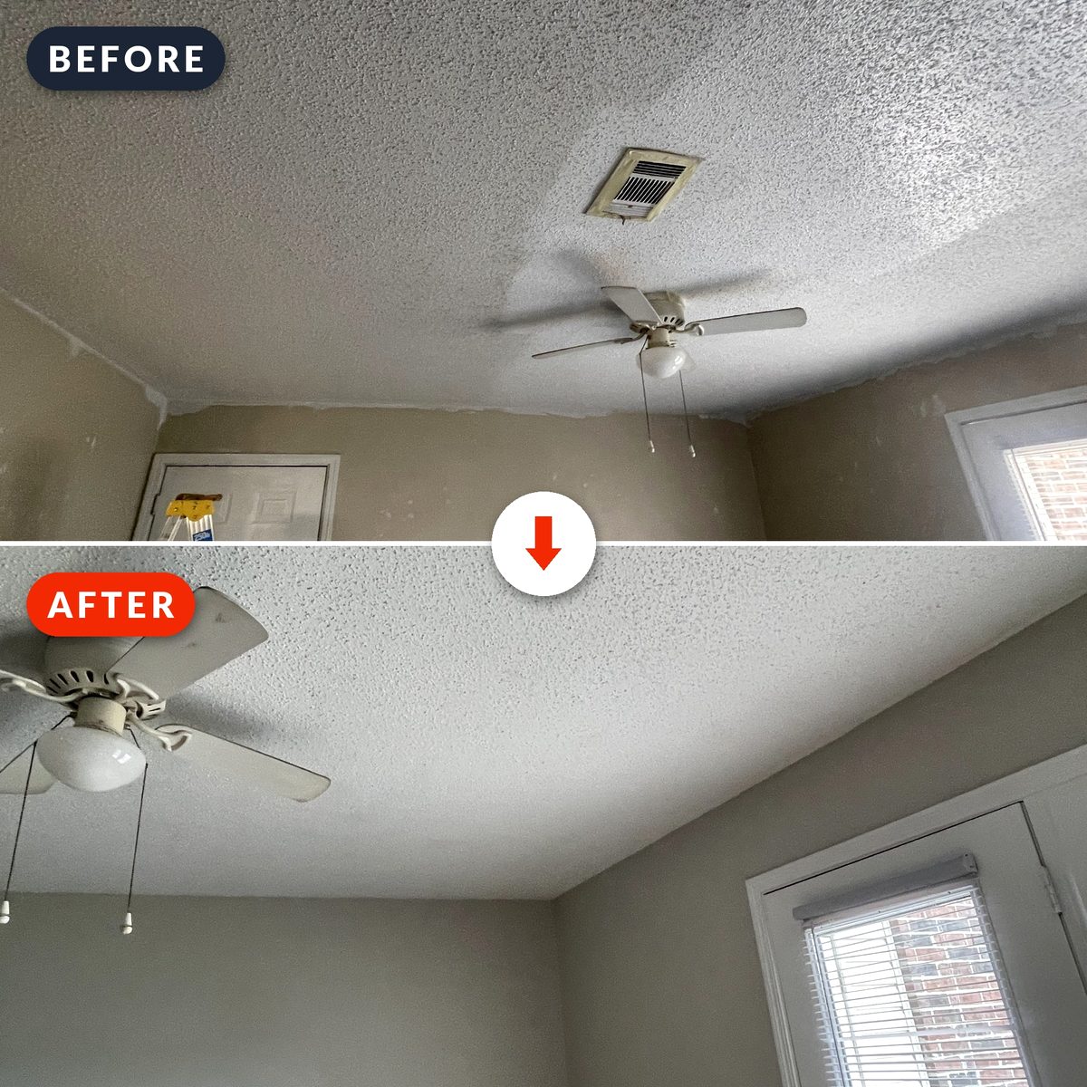 Before and after: bedroom ceiling and walls patched and refreshed