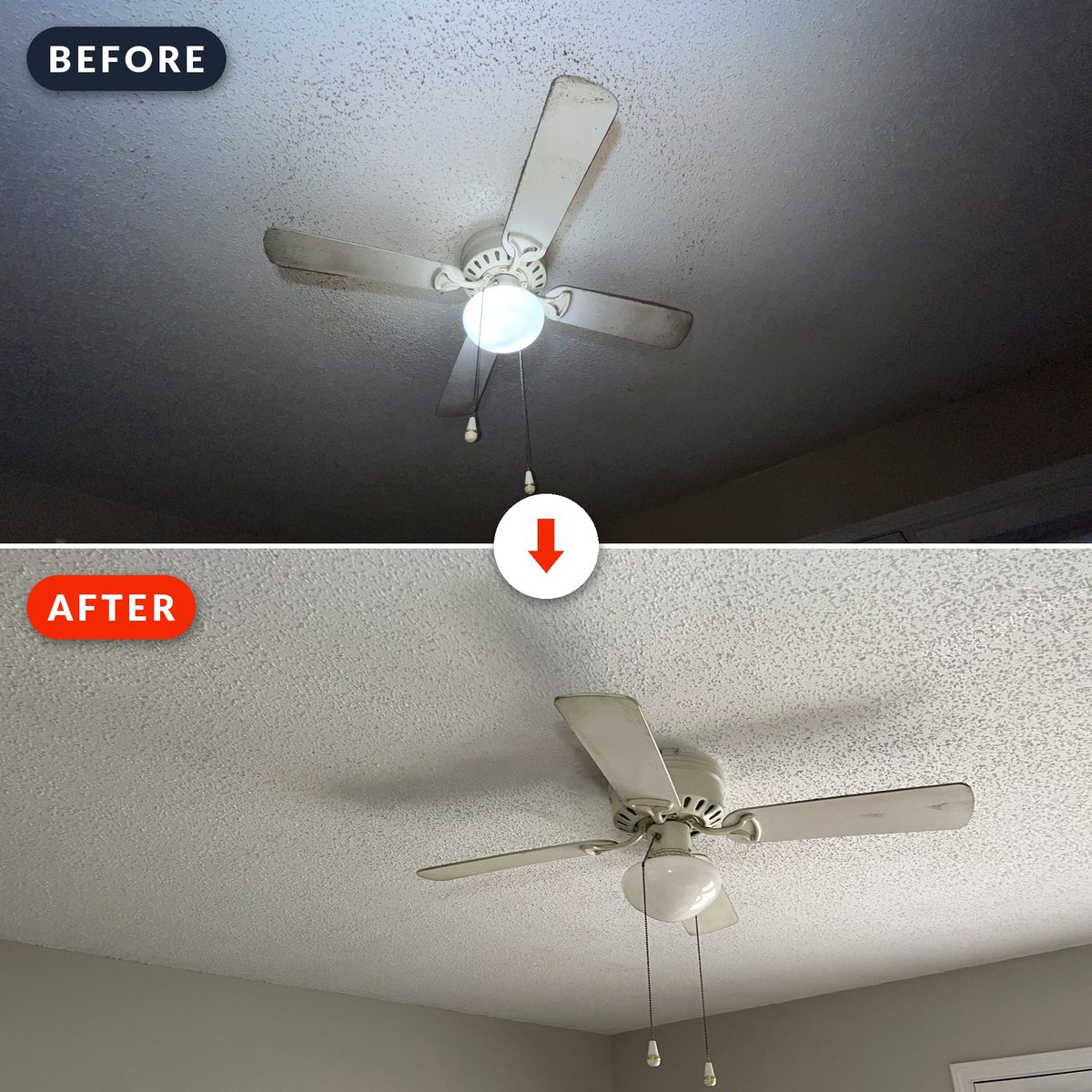 Before and after: stained bedroom ceiling restored to bright white
