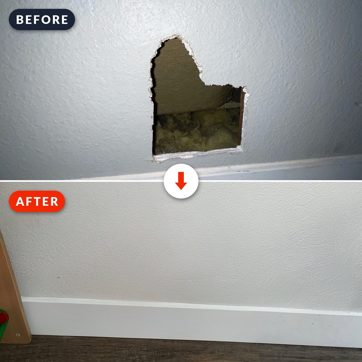Before and after: drywall hole repaired and repainted to a seamless finish