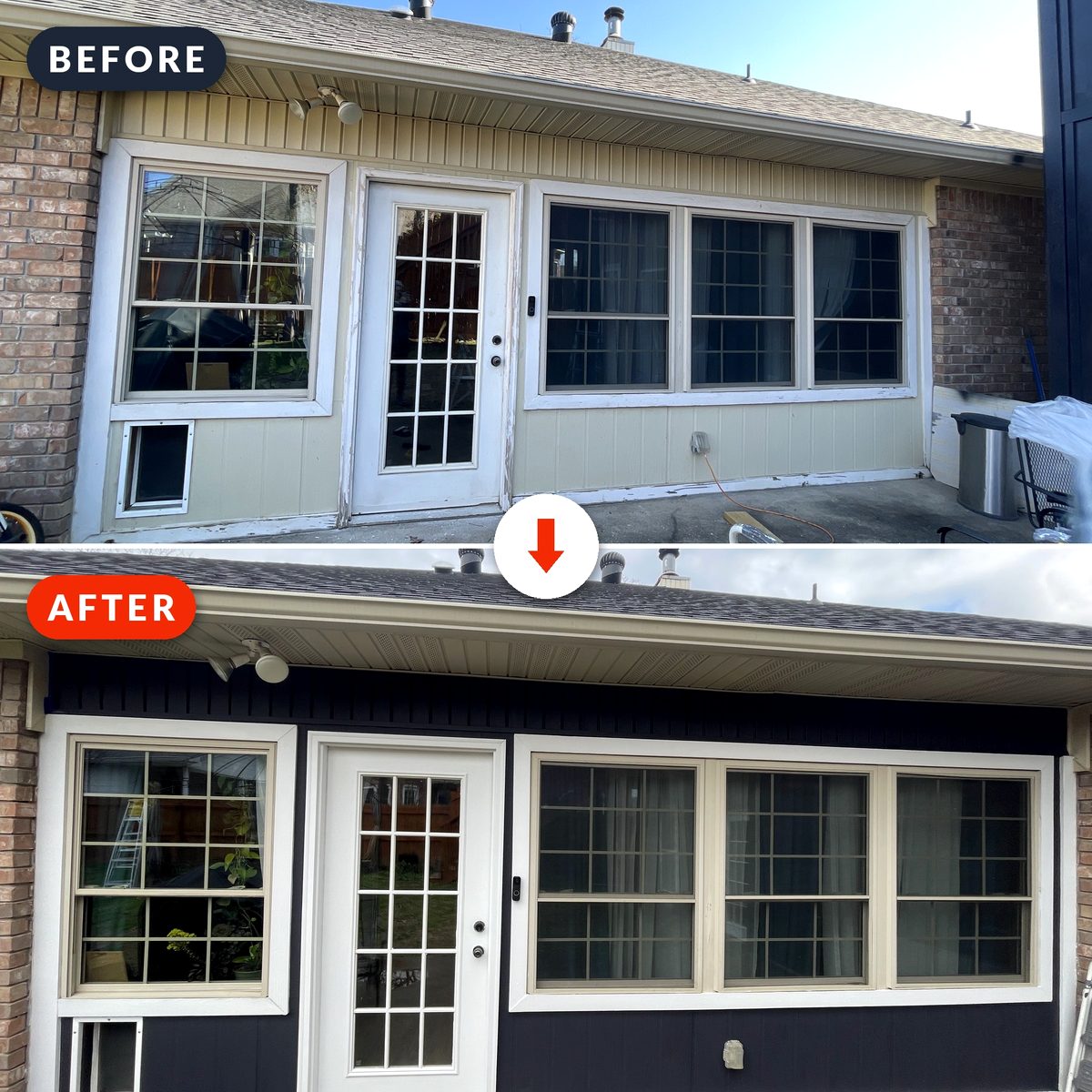 Before and after: faded exterior siding repainted deep navy with fresh white trim
