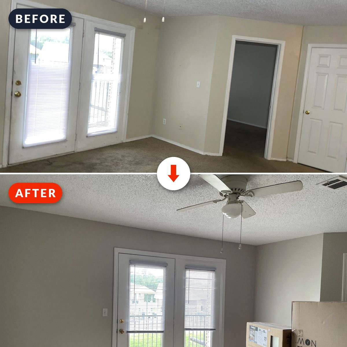 Before and after: living room walls, ceiling and trim fully repainted