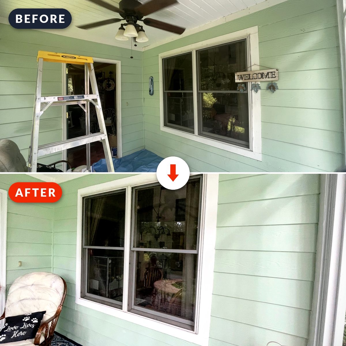 Before and after: covered porch siding and trim freshly repainted