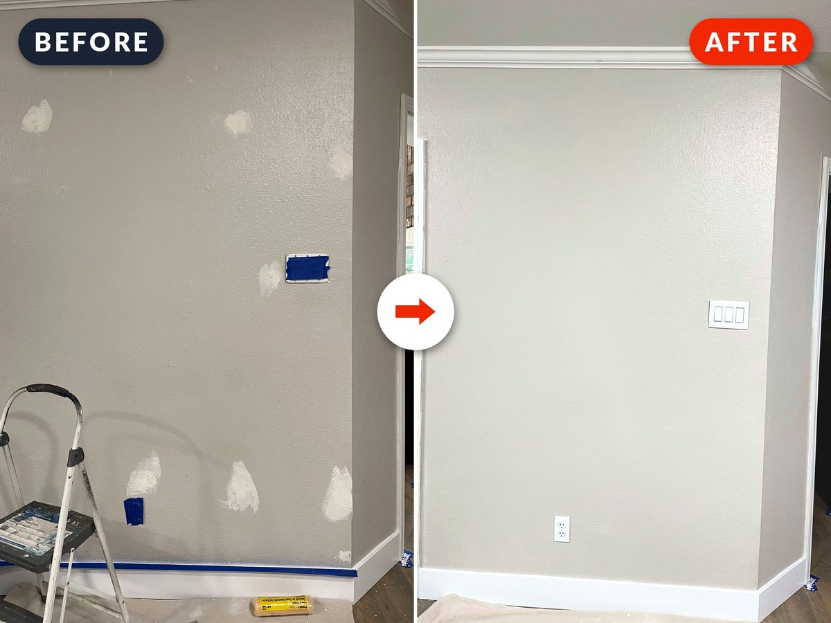 Before and after: patched interior wall finished smooth and repainted